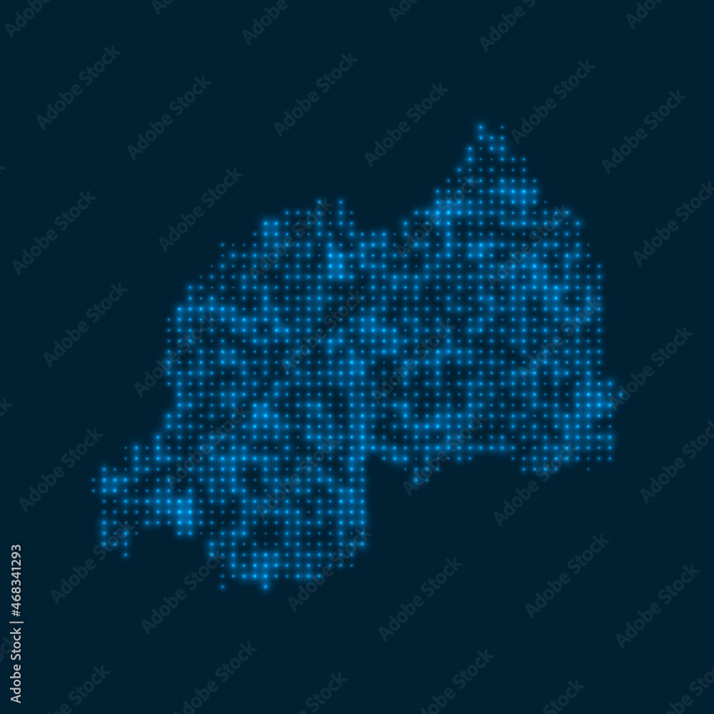 Rwanda dotted glowing map. Shape of the country with blue bright bulbs. Vector illustration.