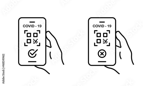 Health Passport with QR Code on Mobile Phone. Valid and Not Valid Health Passport in Smartphone Line Icon. Checked Passport Certificate of Covid 19 Pandemic Outline Icon. Isolated Vector Illustration