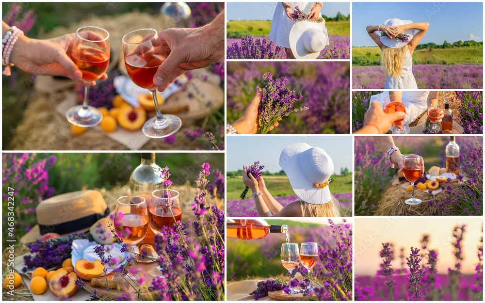 Picnic in lavender with wine collage. Selective focus. Picnic in lavender with wine collage. Selective focus.