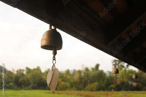 Silhouette of thai bell against Sunset over Green rice field in valley in Thailand