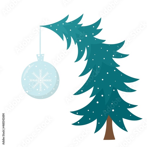 Curved oblique fir tree with Christmas ball, vector illustration. Decorated coniferous tree. Unusual New Year Spruce.