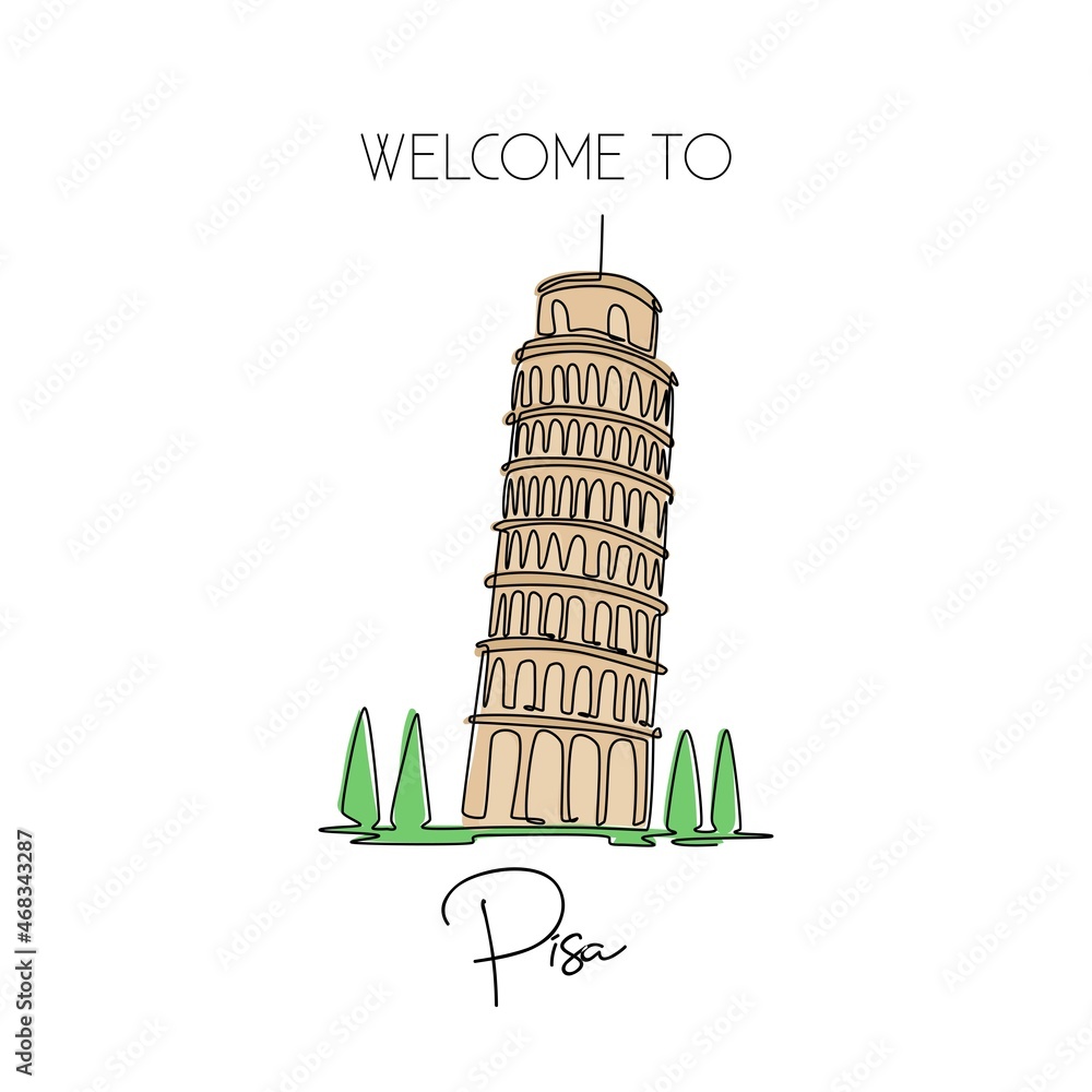 Single one line drawing of lean Pisa Tower. Beautiful historical iconic place in Piazza del Duomo. Postcard and home decor wall art poster print. Modern continuous line draw design vector illustration