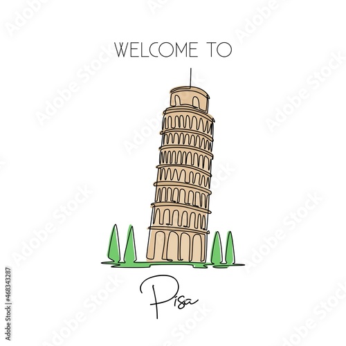 Single one line drawing of lean Pisa Tower. Beautiful historical iconic place in Piazza del Duomo. Postcard and home decor wall art poster print. Modern continuous line draw design vector illustration