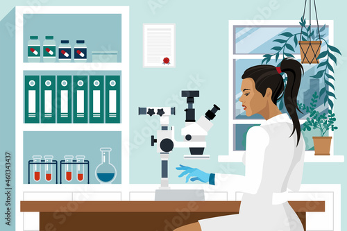 A female laboratory assistant sits at a table in the laboratory and works with a microscope. Medical laboratory. Colorful flat vector illustration.