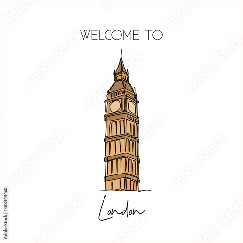 Single continuous line drawing of Big Ben clock tower landmark. Historical iconic beauty place in London. Home decor wall art poster print concept. Modern one line draw design vector illustration