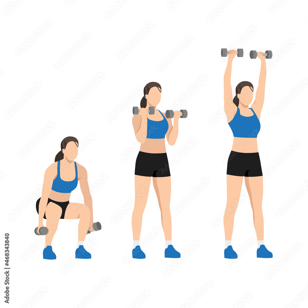 Woman doing Squat to curl to press exercise. Flat vector illustration isolated on white background Woman doing Squat to curl to press exercise. Flat vector illustration isolated on white background