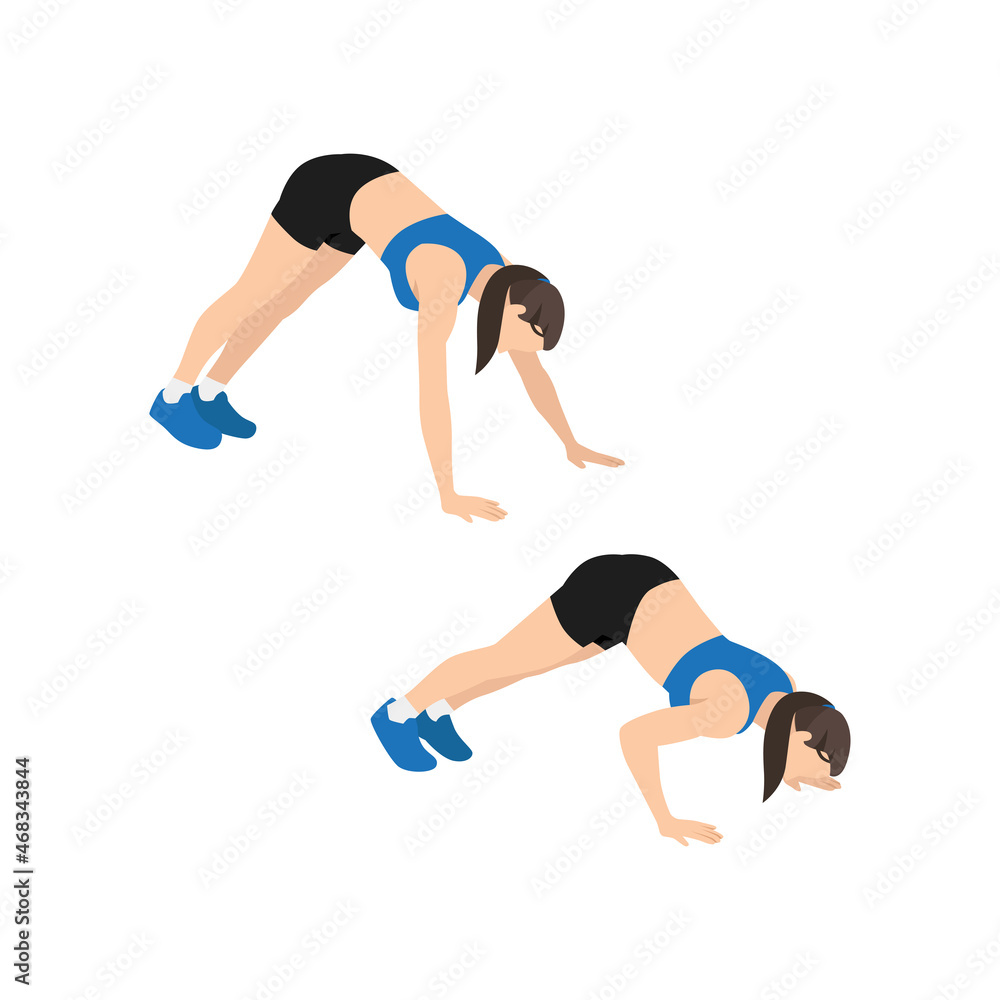 Woman doing Pike pushup exercise. Flat vector illustration isolated on white background Woman doing Pike pushup exercise. Flat vector illustration isolated on white background