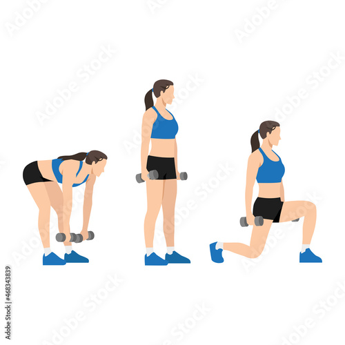 Woman doing Deadlift to lunge exercise. Flat vector illustration isolated on white background