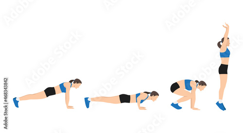 Woman doing Burpee with push up exercise. Flat vector illustration isolated on white background