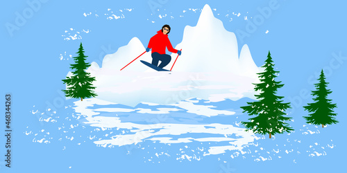 Skier descending from the mountain, fir trees - vector. Winter trip. Design Concept. Horizontal Banner.