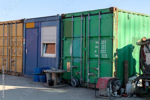 Temporary construction building. Outside view. Small office