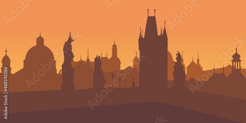 silhouette of the city of Prague in the rays of the sunset