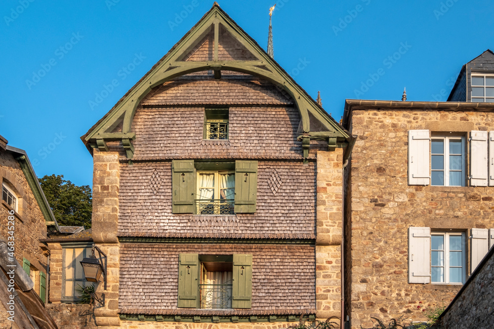 facace of house in Mont Saint-Michel at high tidel. Built in the XI-XVI centuries.