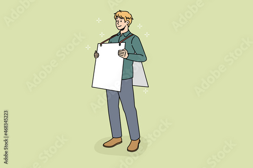 Man demonstrator with banner on body protest against discrimination or inequality. Male with poster on demonstration for social issue. Volunteer, activist concept. Flat vector illustration. 