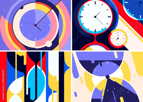 Collection of banners with clocks. Placard designs in abstract style.