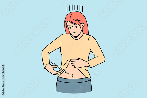 Sick woman make insulin injection in belly suffer from diabetes. Unhealthy unwell female apply inject medication with syringe. Healthcare concept. Vector illustration, cartoon character. 