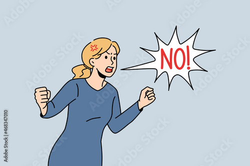 Angry young woman scream yell No protest against discrimination or gender inequality. Mad furious girl shout demonstrate dissatisfaction. Freedom of speech concept. Vector illustration. 