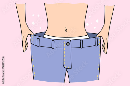 Fit slim woman in loose big pants show results of diet or sport activities. Toned skinny female demonstrate thin waist after losing weight. Wellness, healthcare concept. Flat vector illustration. 
