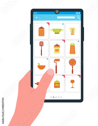 Flat vector illustration, concept of buying kitchen equipment, utensils in the online store, shopping. Kitchen goods on the smartphone screen, purchase. Hand holding smartphone. 

