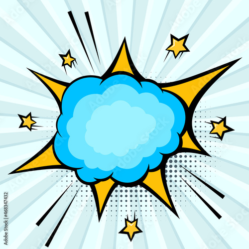 Comic cartoon explosion. Pop art design. Vector illustration on halftone background with beams