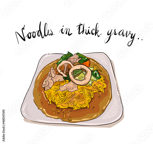 Noodles with pork and seafood in thick gravy drawing cartoon traditional Thai food. Vector illustration on white background.