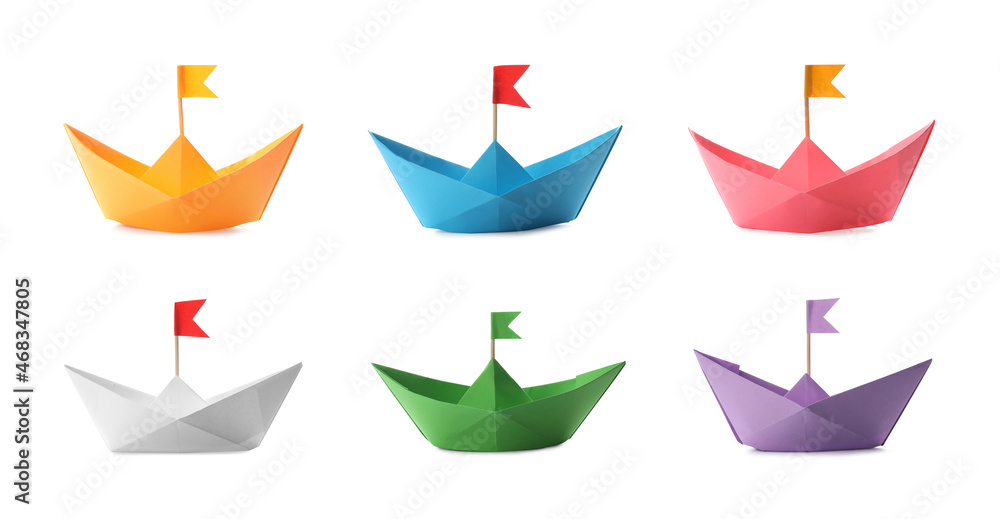 Set with multicolor paper boats on white background. Banner design Set with multicolor paper boats on white background. Banner design