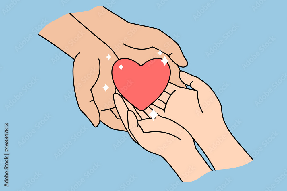Obraz premium People hold heart in hands show love and care in relations. Human kindness and support. Volunteer demonstrate mercy and goodness. Charity, affection concept. Flat vector illustration. 