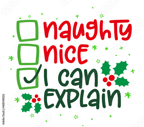 Naughty, nice, I can explain - Funny calligraphy phrase for Christmas. Hand drawn lettering for Xmas greetings cards, invitations. Good for t-shirt, mug, gift, printing press. Holiday quotes.