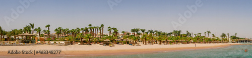 Hurghada  Egypt - September 22  2021  Panoramic view of the sandy Egyptian beach with green palms. People relax  sunbathe on sun loungers and swim in the Red Sea.