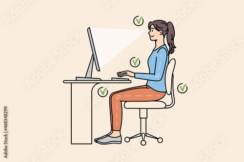 Girl sit at desk work on computer in correct position. Young woman keep right distance between eyes and posture at PC table. Ergonomic office job concept. Vector illustration, cartoon character. 