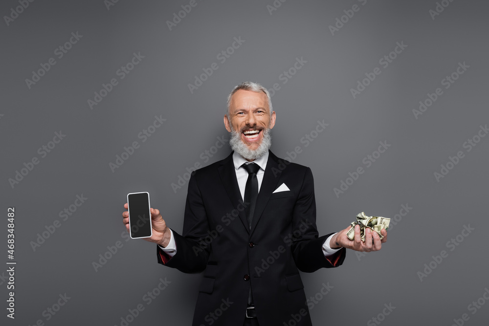 joyful middle aged businessman holding dollar banknotes and smartphone with blank screen on grey joyful middle aged businessman holding dollar banknotes and smartphone with blank screen on grey