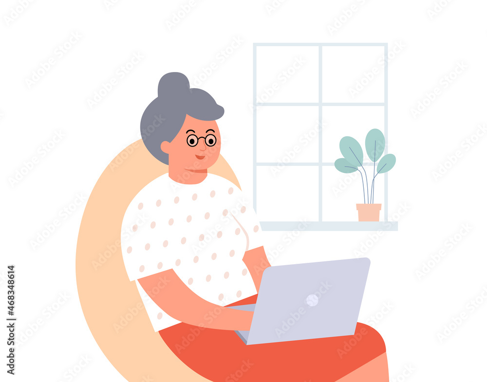 Grandmother with computer. Senior woman with glasses looking at laptop sitting in armchair Vector isolated illustration Grandmother with computer. Senior woman with glasses looking at laptop sitting in armchair Vector isolated illustration