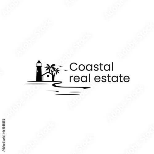 coastal real estate logo with lighthouse and home palm tree vector