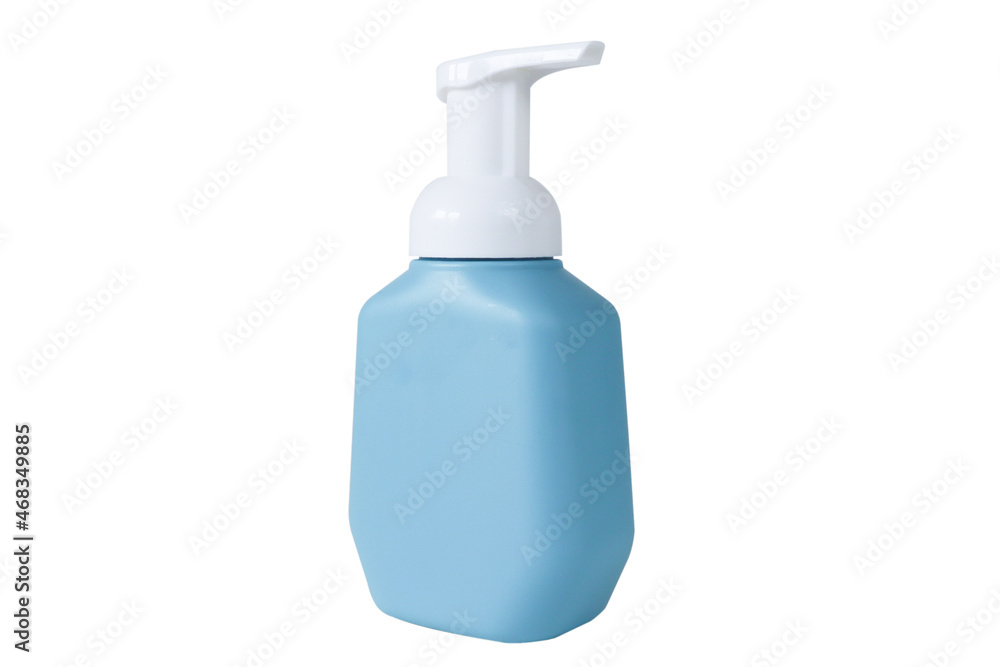 Blue plastic bottle with soap on an isolated white background. Blue plastic bottle with soap on an isolated white background.