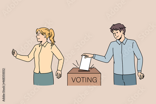 People put paper in ballot box voting at election. Voters make decision or choice, select candidate for president or minister. Politics, democracy concept. Flat vector illustration.  photo