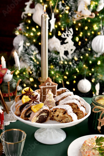 Traditional Christmas pastries on festive table