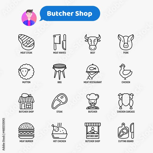 Butcher shop thin line icons set: meat steak, beef, pork, mutton, BBQ, chicken, burger, cutting board, meat knives. Modern vector illustration.
