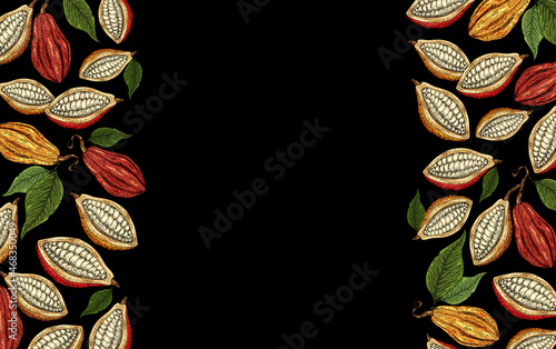 Cocoa background. Organic healthy food backdrop. Cocoa beans border. Hand drawn cacao branch with fruits. Great for banner, poster, label. Cocoa leaves, seeds, cocoa collection. Superfood cacao.