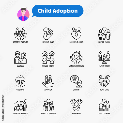 Child adoption thin line icons set: adoptive parents, helping hand, orphan, home care, LGBT couple with child, custody, caregivers, happy kid. Modern vector illustration.