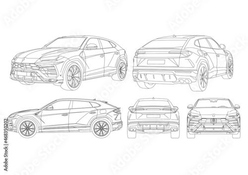 Vector editable drawing of a supercar crossover in all projections. Contour drawing