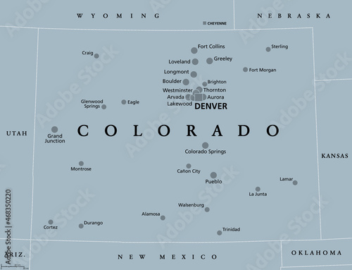 Colorado, CO, gray political map, with the capital Denver and most important cities. State in the Mountain West subregion of the Western United States of America nicknamed The Centennial State. Vector