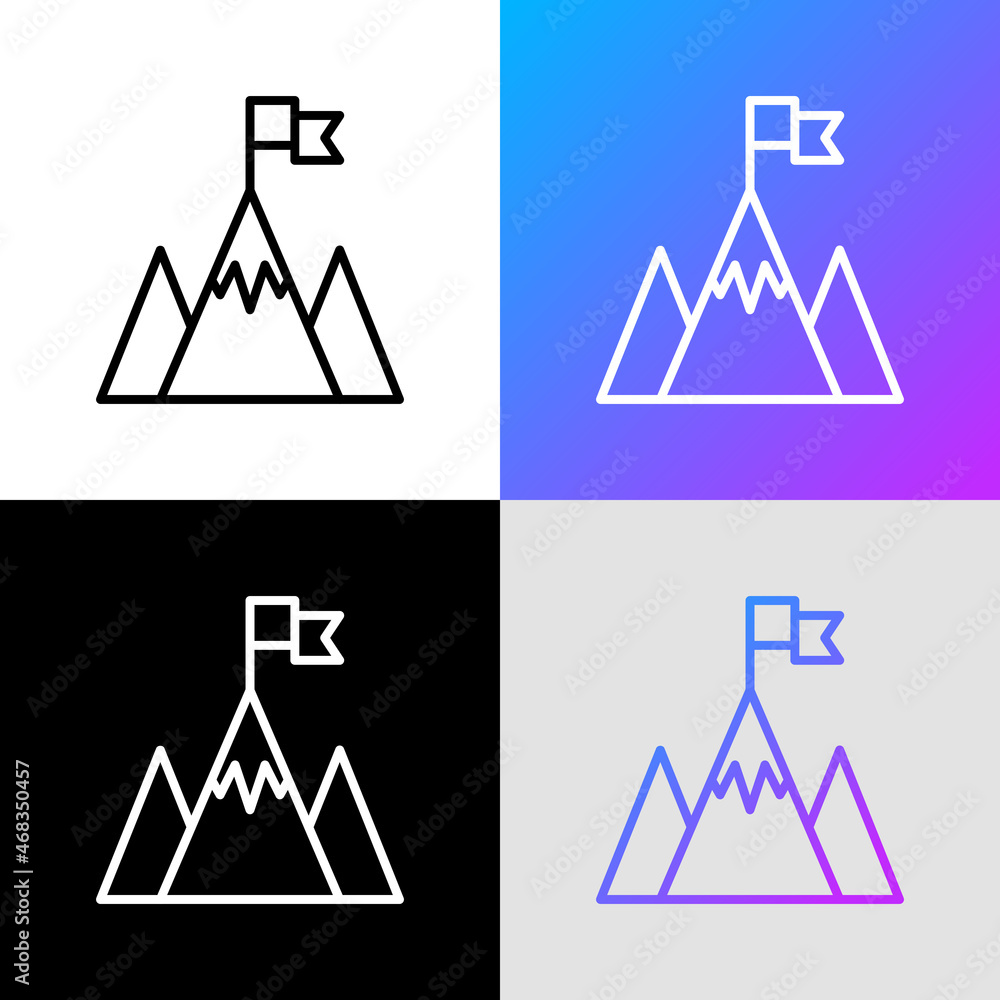 Mountain peak with flag thin line icon. Modern vector illustration of goal achievement. Mountain peak with flag thin line icon. Modern vector illustration of goal achievement.