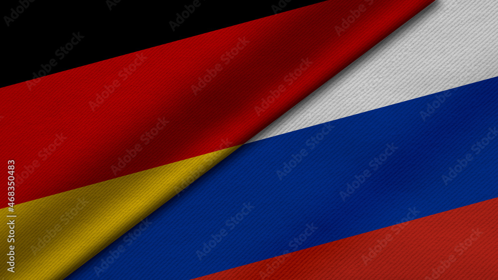 Fototapeta premium 3D Rendering of two flags from Russian Federation and Federal Republic of Germany together with fabric texture, bilateral relations, peace and conflict between countries, great for background