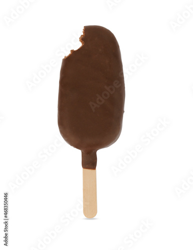 bitten chocolate popsicle on stick isolated on white