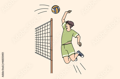 Young sporty man in sportswear play volleyball throw ball over net. Guy player engaged in game activity follow healthy lifestyle. Sport, athlete concept. Vector illustration, cartoon character. 