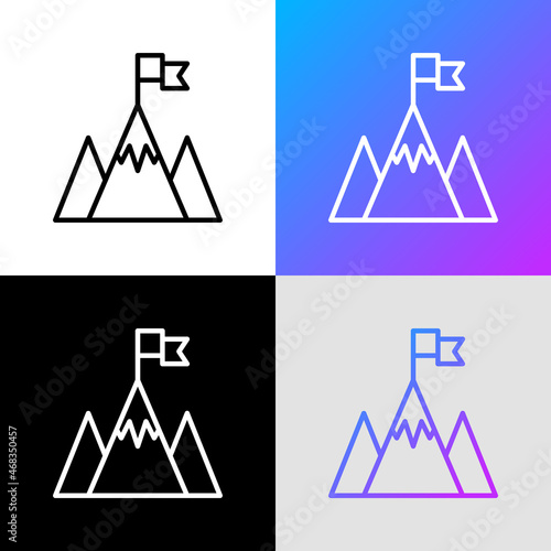 Mountain peak with flag thin line icon. Modern vector illustration of goal achievement.