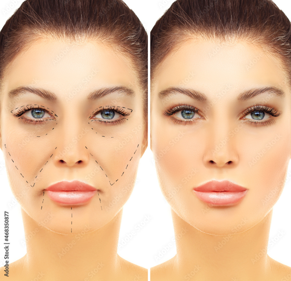 Aging.Marking face. Mature woman-young woman. Aging.Marking face. Mature woman-young woman.