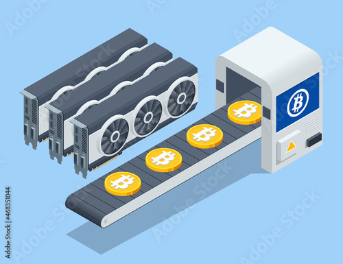 Isometric Creation of bitcoins crypto with using computer video cards. Cryptomining farm. Cryptocurrency mining equipment