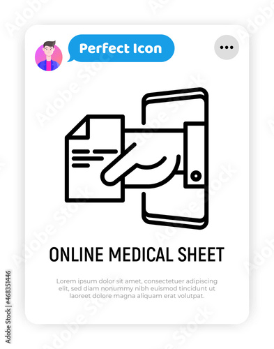 Online medical sheet, prescription thin line icon: hand with recipe from smartphone. Modern vector illustration.