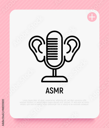 ASMR thin line icon: microphone and ears. Relaxation video with calming sounds. Modern vector illustration.